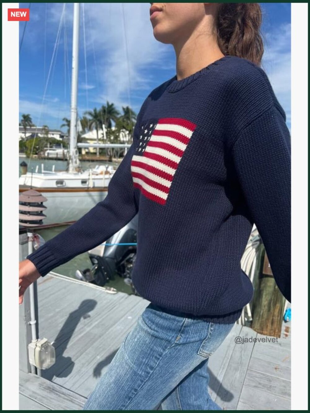 American Flag Crew Neck Sweater - Long Sleeve Loose Knit Pullover Top - Picture 4 of 7
